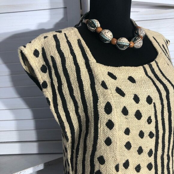 Vintage 70s African Mud Cloth Duster Vest Cream/Black Size Medium - Picture 6 of 14